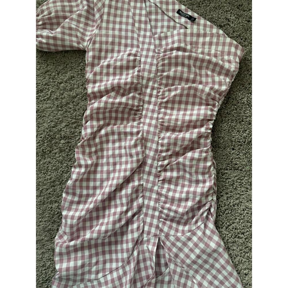 Nasty Gal‎ Pink Gingham Ruched One Shoulder Midi Dress US 6  Summer Slit - Picture 6 of 11